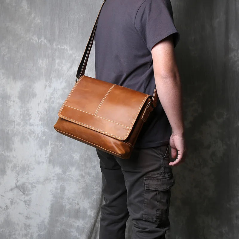 Retro Herren Rucksack aus echtem Crazy Horse Leder – Ein-Schulter Messenger Bag, horizontales Design, große Kapazität, Vintage-Stil