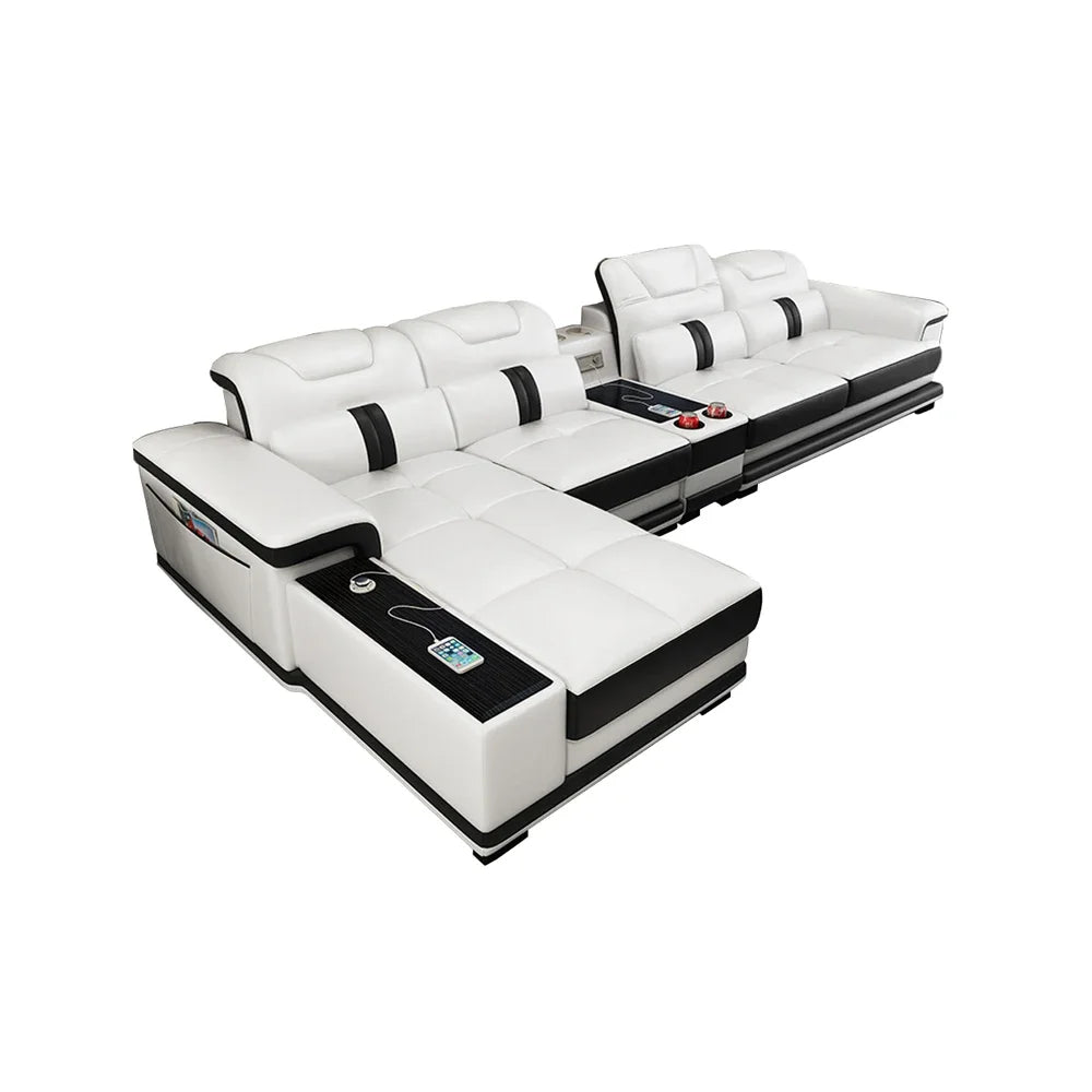 Modernes Luxus Leder-Ecksofa mit Schlafunktion – Smart Couch en L avec Bluetooth, Lautsprecher, USB &amp; Getränkehaltern, barre de configuration individuelle