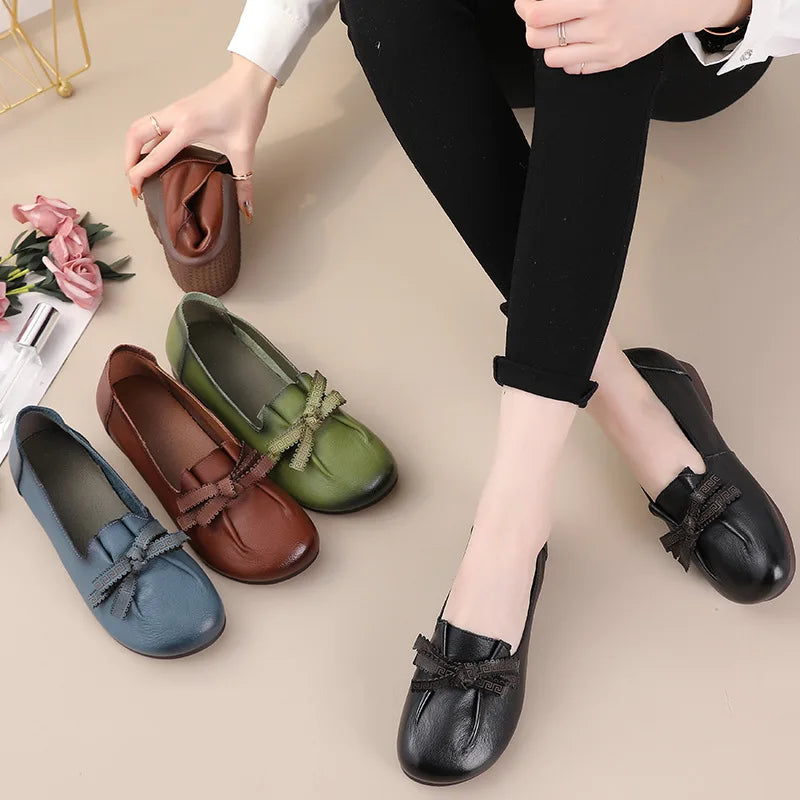 feerldi Damen Leder Flats WB-365K – Elegantes bailarinas retro con correas, mocasines weiche sin cordones, mocasines cómodos para mujeres 