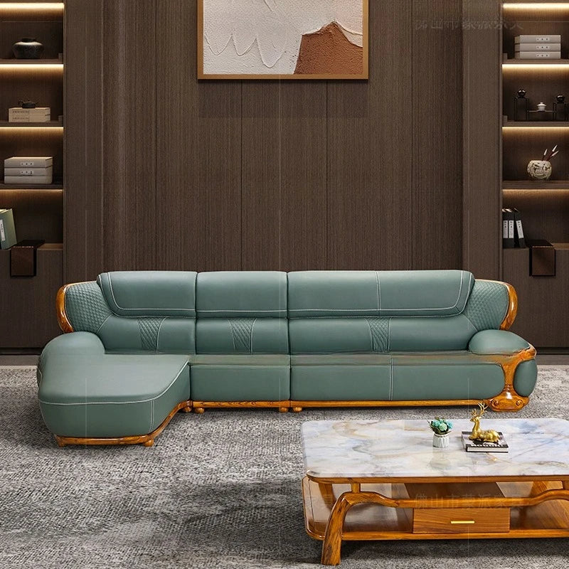 Modernes Luxus Ecksofa aus Echtleder in Schwarz-Gold – Nouveau style chinois Wohnlandschaft mit Massivholzrahmen, Rindsleder Top-Grain