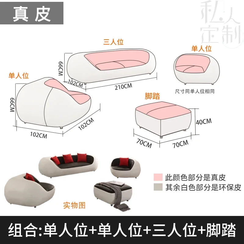 Nordisches Designer Leder-Sofa mit Schlaffunktion – Luxus Lounge Sofa im modernen Stil, geschwungene Relax-Couch aus Rindsleder für Wohnzimmer