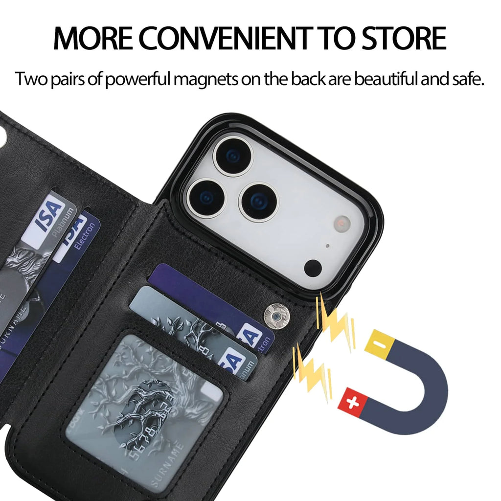 iPhone 17 / 17 Air / 17 Pro / 17 Pro Max Wallet Lederhülle – Flip Case mit Kartenfächern, Standfunktion & Doppel-Magnetverschluss