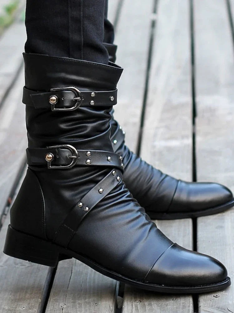 YBQJOO Herren Leder Stiefel – Mid-Calf Punk Rock Chelsea Boots, Klassische Herbst/Winter Schuhe, Schwarz, Plus Size 38–48