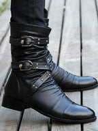 YBQJOO Herren Leder Stiefel – Mid-Calf Punk Rock Chelsea Boots, Klassische Herbst/Winter Schuhe, Schwarz, Plus Size 38–48