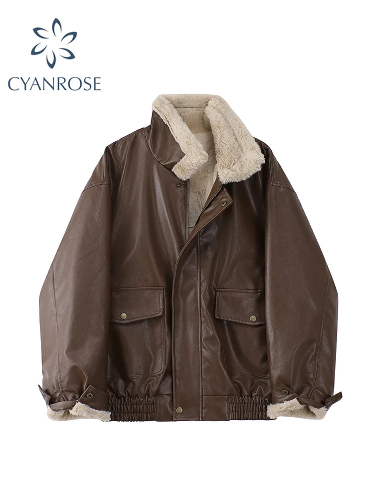 Veste d'hiver en cuir pour femme avec laine optique – Veste de moto chaude en PU avec revers, style motard vintage 