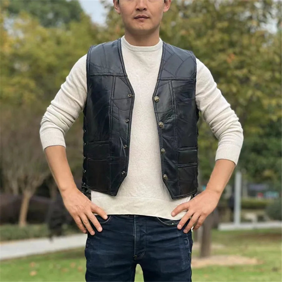 Herren Motorrad Weste im Punk Style – Schwarze ärmellose Biker Weste mit V-Ausschnitt für Herbst & Winter