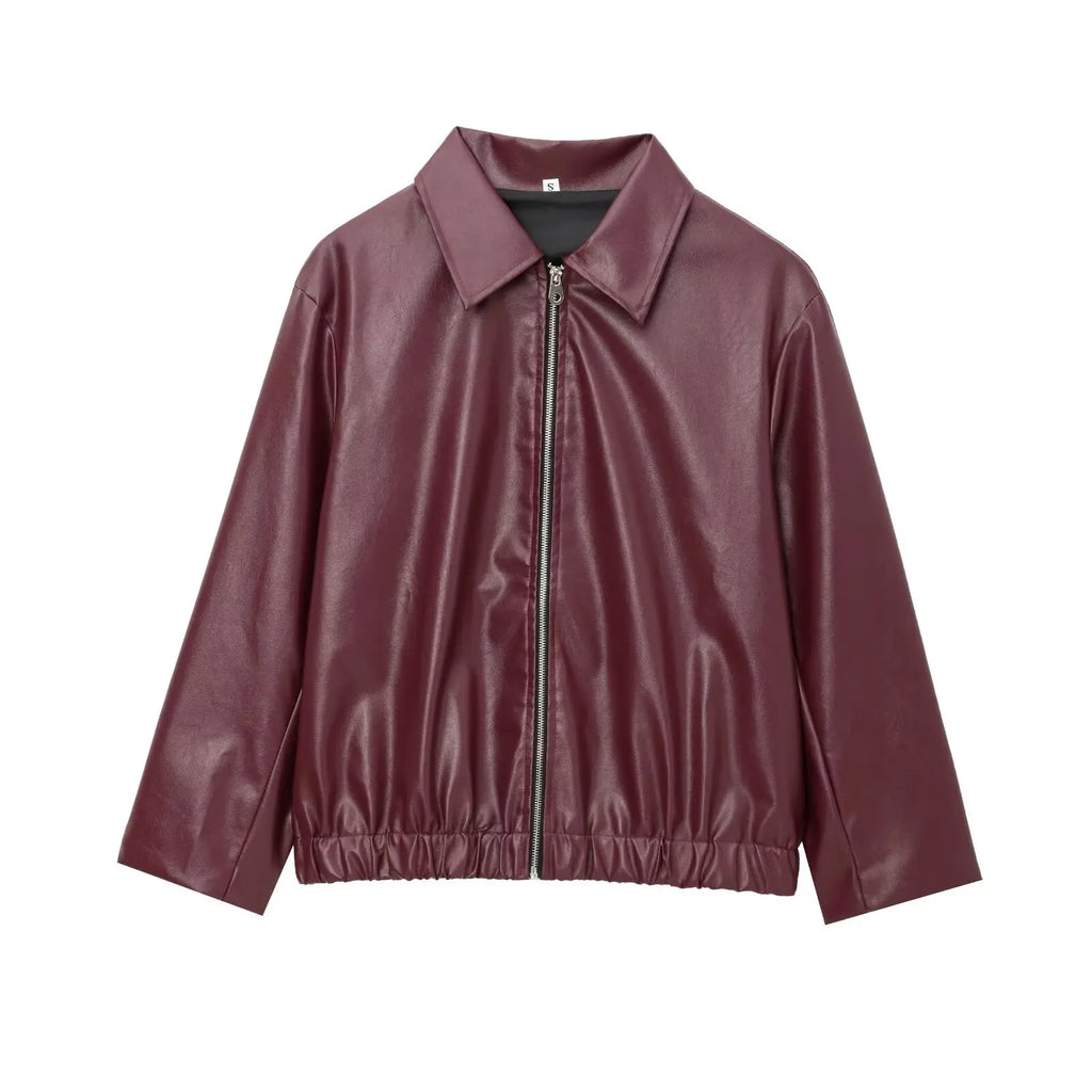 Damen Vintage Lederjacke Bordeaux Rot – Kurze Jacke im American Style mit Reißverschluss für Herbst &amp; Winter 2024 