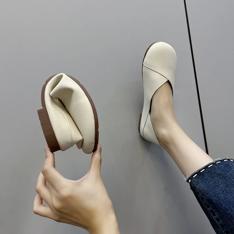Mocasines de cuero sin cordones para mujer – Frühling/Herbst Ballett-inspirierte Runde Zehen Flats, Bequeme Freizeitschuhe, Krankenschwester-Schuhe, Große Größen bis 43