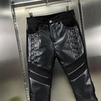 Pantalon en cuir PU Slim Fit pour hommes – Tuyau de motard coupe-vent avec design patchwork et fermeture à glissière, pantalon de moto moderne pour le sport et l'herbe
