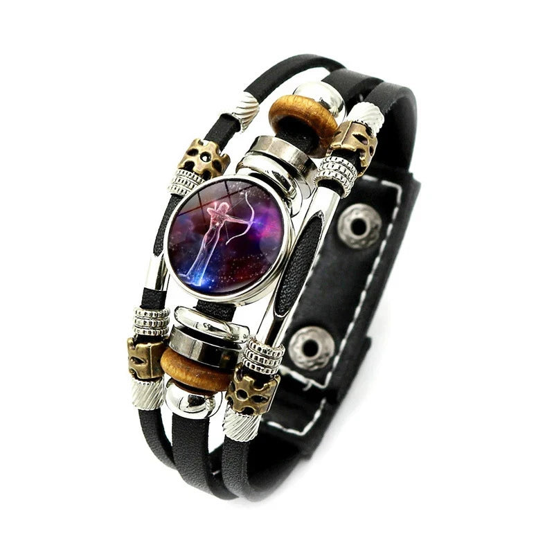 Sternzeichen Lederarmband mit Druckknopf – Zodiac Armband mit Glas-Cabochon für Damen & Herren, 12 Sternzeichen Unisex Schmuck