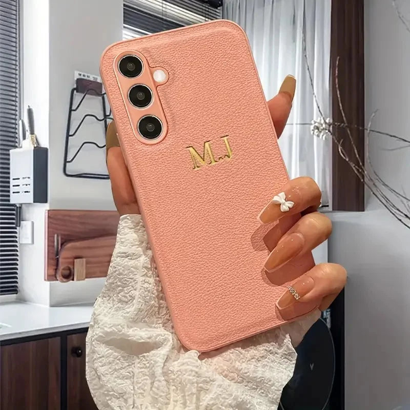 Funda de cuero personalizada 3D con grabado de nombre - Funda de piel sintética de lujo para Samsung Galaxy S25 bis S20, series A y FE