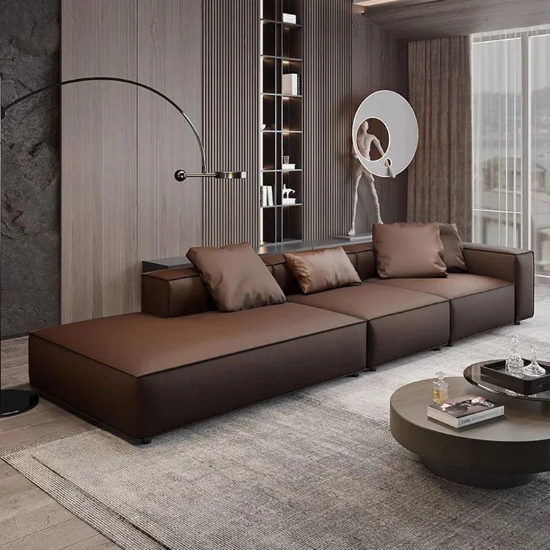Nordisches Luxus Leder-Ecksofa im minimalistischen Design – Designer Lounge Sofa aus Rindsleder, modernes Relax-Sofa für Wohnzimmer & Salon