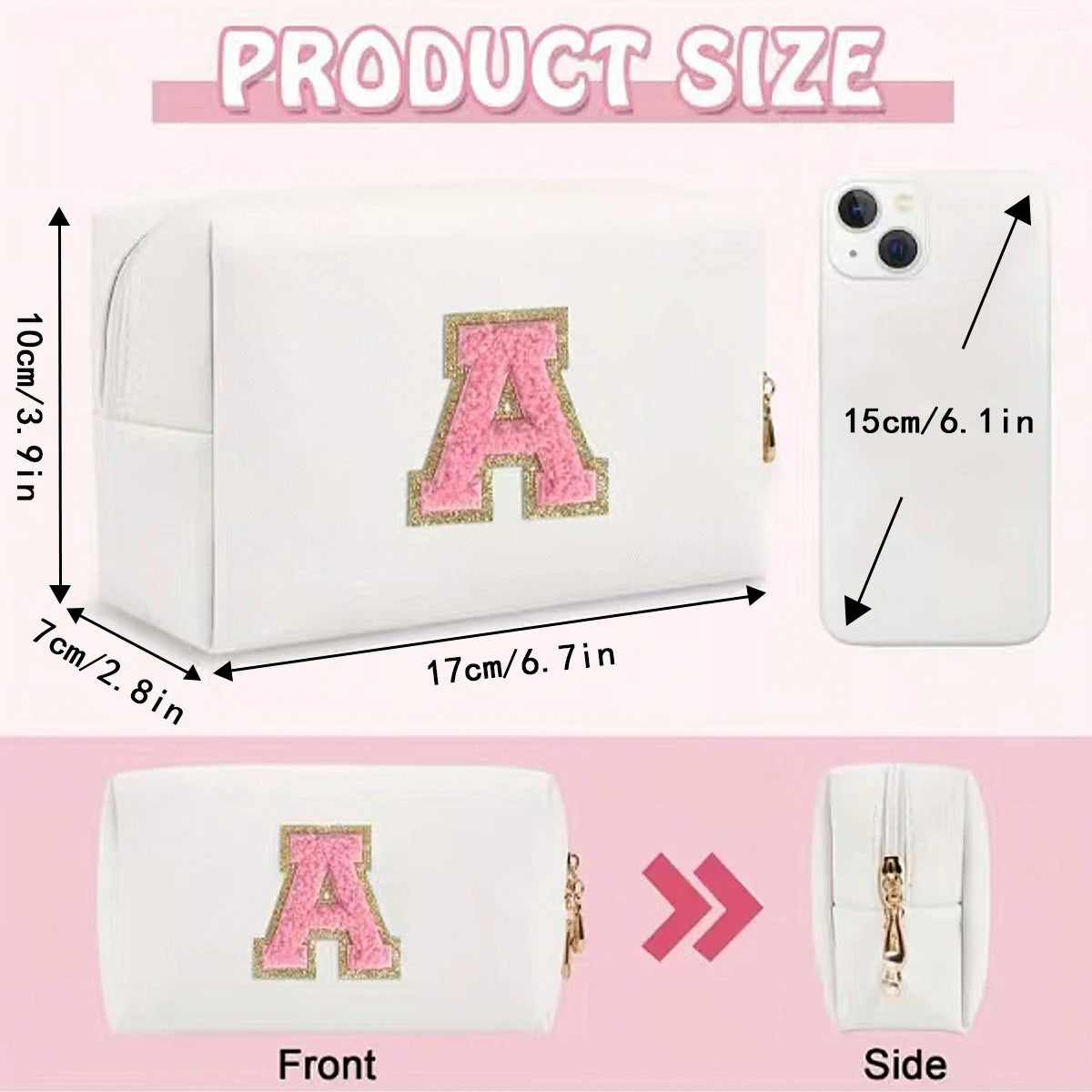 Make-up Tasche mit Initialen – Preppy Kosmetiktasche aus PU Leder, wasserdicht, tragbar & personalisierter Reise-Kulturbeutel