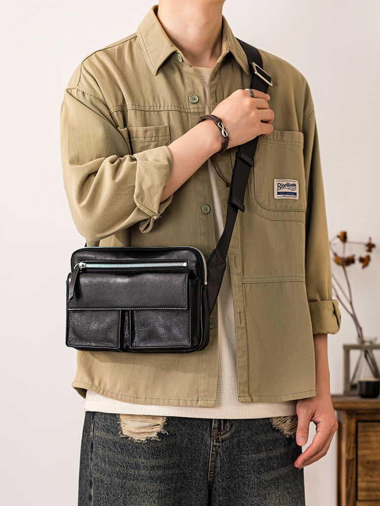 pndme Herren Leder-Messenger Bag – Handmade Cowhide Schultertasche für Arbeit, Reisen & Outdoor, Schwarz