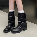 Luxuriöse Damen Biker Boots aus PU-Leder – Slip-On Mid-Calf Stiefel im Retro-Stil mit Blockabsatz & Schnallendetail