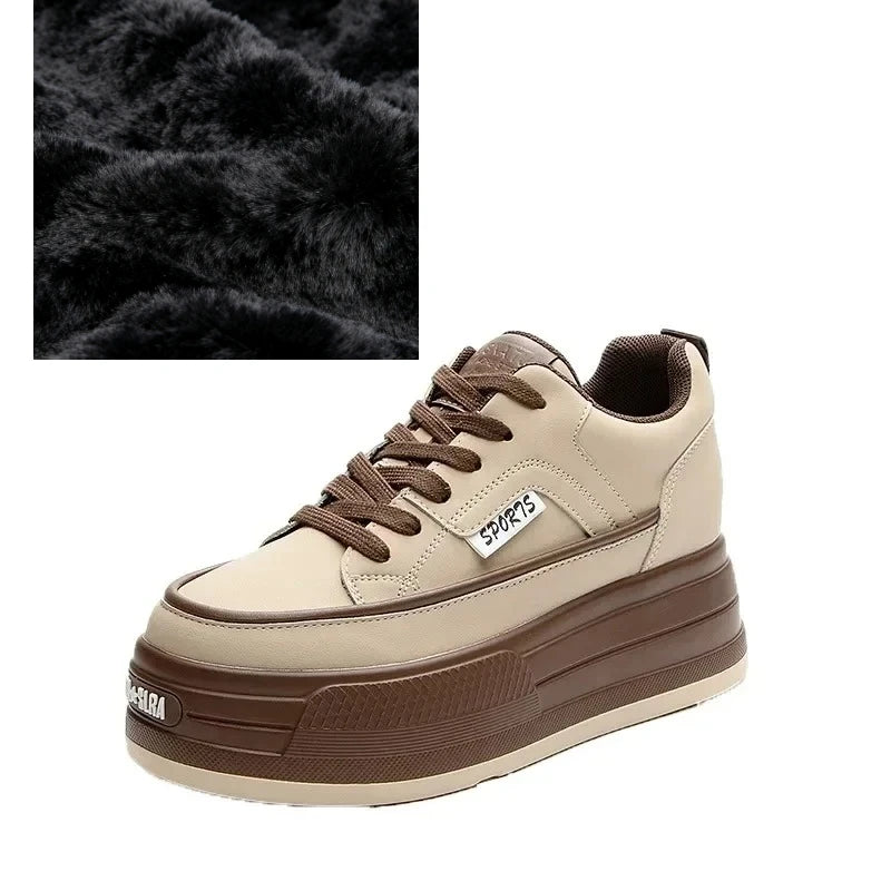 Damen Leder Plateau Sneaker 7 cm – Keilabsatz Schuhe aus echtem Leder für Herbst & Winter, modische Wedge Sneakers