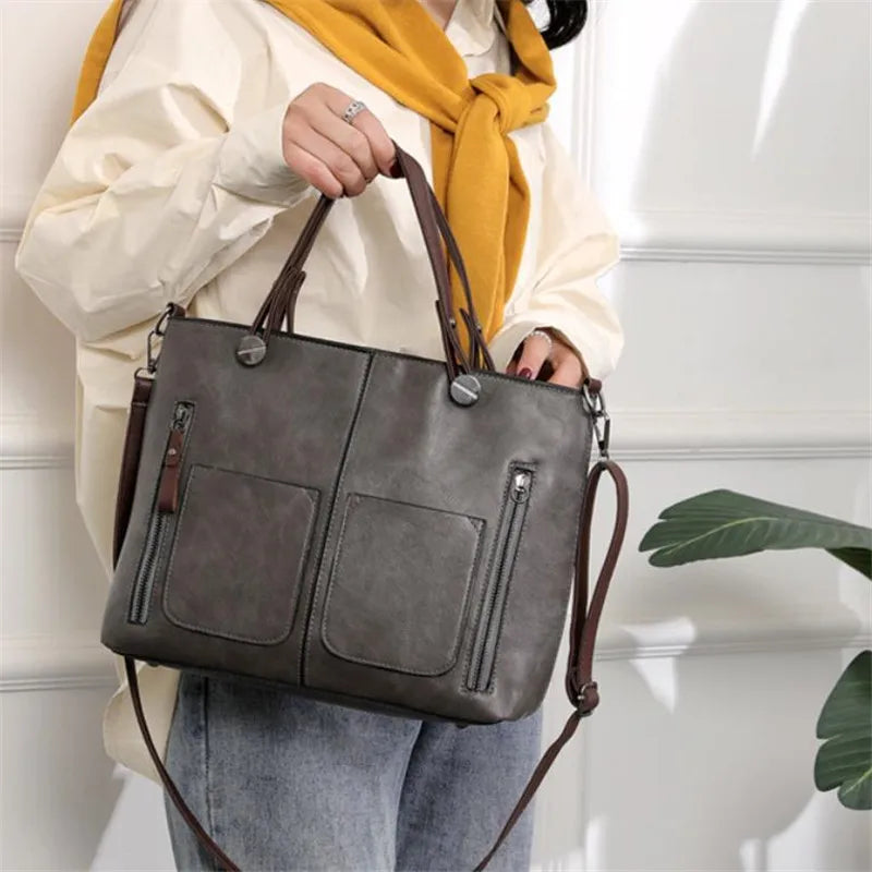 FXZLLQ Bolso de mano retro de cuero para mujer: bolso de mano con bolsillo con cremallera doble, bolso clásico para estudiantes y cruzados para negocios y negocios
