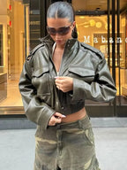 HH Damen Cropped Kunstleder Jacke – Vintage Bomberjacke mit Reißverschluss & Taschen, kurze Faux Leather Jacke für Herbst & Winter