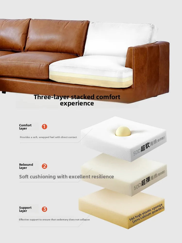 Amerikanisches Retro Ecksofa aus Echtleder – Antikbraunes L-Form Ledersofa aus Rindsleder mit Longchair, luxueux Wohnzimmer-Sofa