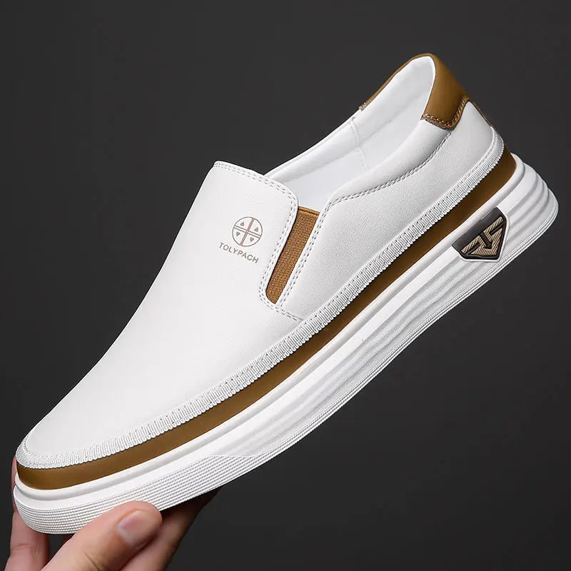 OLOMM Herren Ledersneaker 2025 – Slip-On Casual Schuhe, weiße Alltagssneaker, weich, komfortabel, Frühling/Sommer