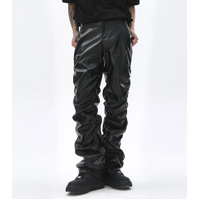 Herren PU Lederhose im Hip-Hop & Harajuku Style – Plissierte Streetwear Hose mit weitem Schnitt, schwarze Kunstlederhose für Alltag & High Street