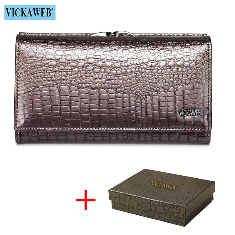 VICKAWEB Damen Geldbörse aus echtem Leder – Kleine Fashion Wallet mit Alligator-Prägung, Reißverschluss &amp; Druckknopf