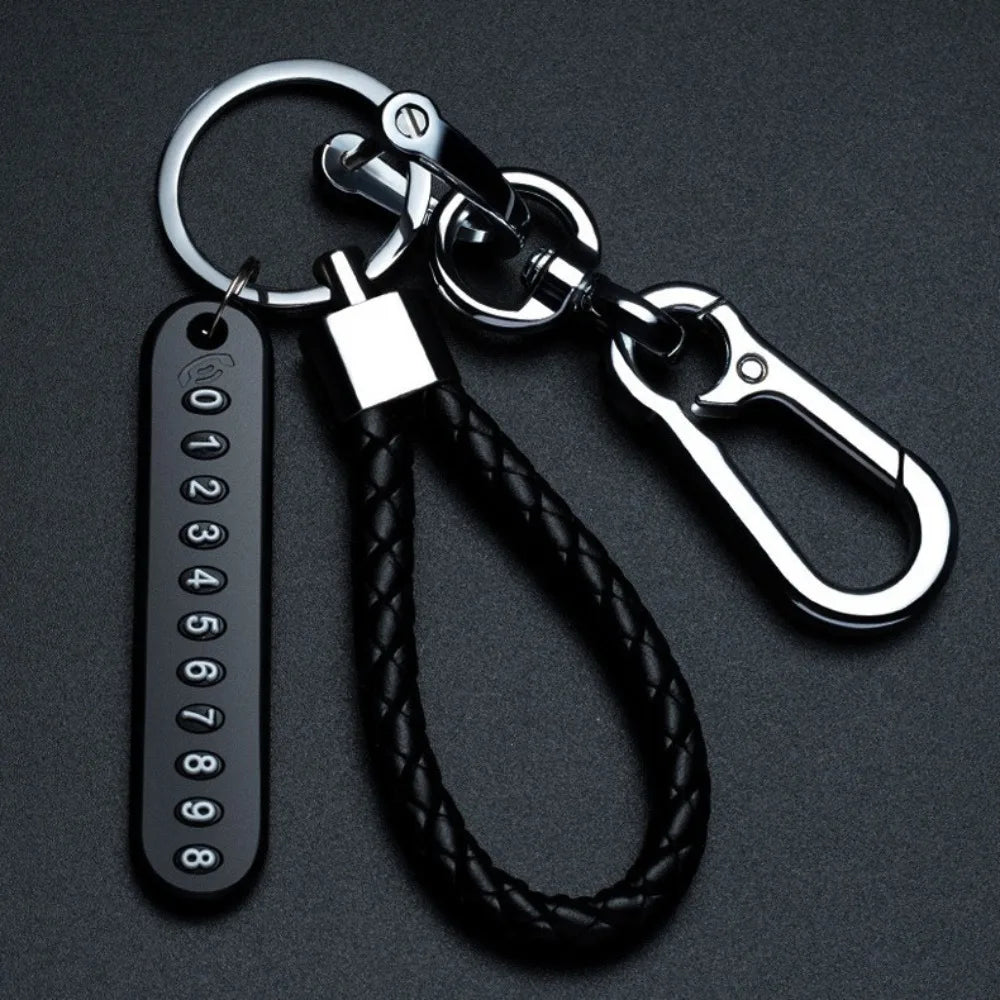 Trendiger DIY Leder-Schlüsselanhänger mit geflochtenem Seil – Anti-Verlust Keychain für Auto & Motorrad, schlichter Keyring mit Metallring in Schwarz
