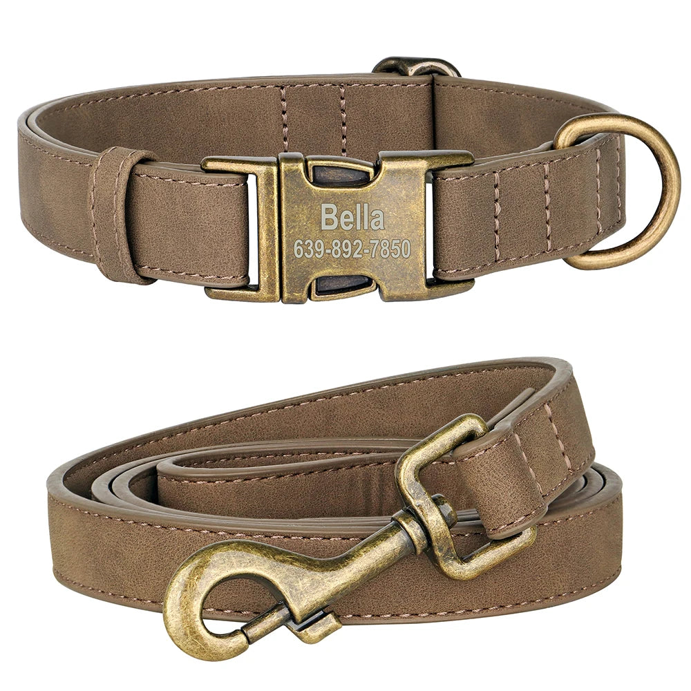 Personalisiertes Hunde-Halsband & Leinen-Set aus PU-Leder – Verstellbares Anti-Verlust Halsband mit gravierter Metallschnalle für kleine & mittelgroße Hunde