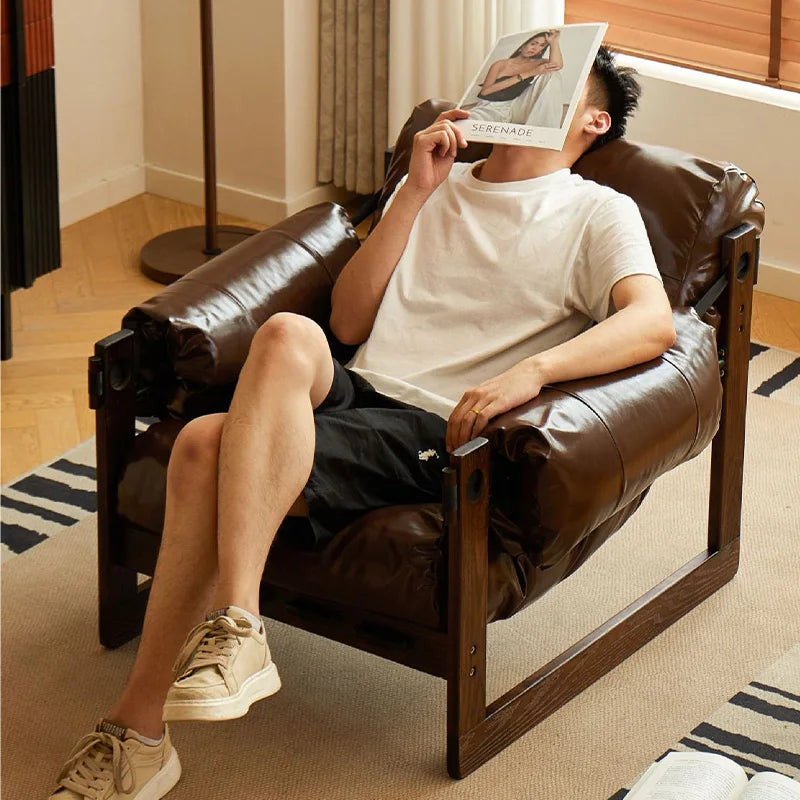 Retro Holz-Relaxsessel aus Leder – Bequemer Accent Chair mit Massivholzrahmen, sillón lounge más moderno para Wohnzimmer, Schlafzimmer &amp; Arbeitszimmer
