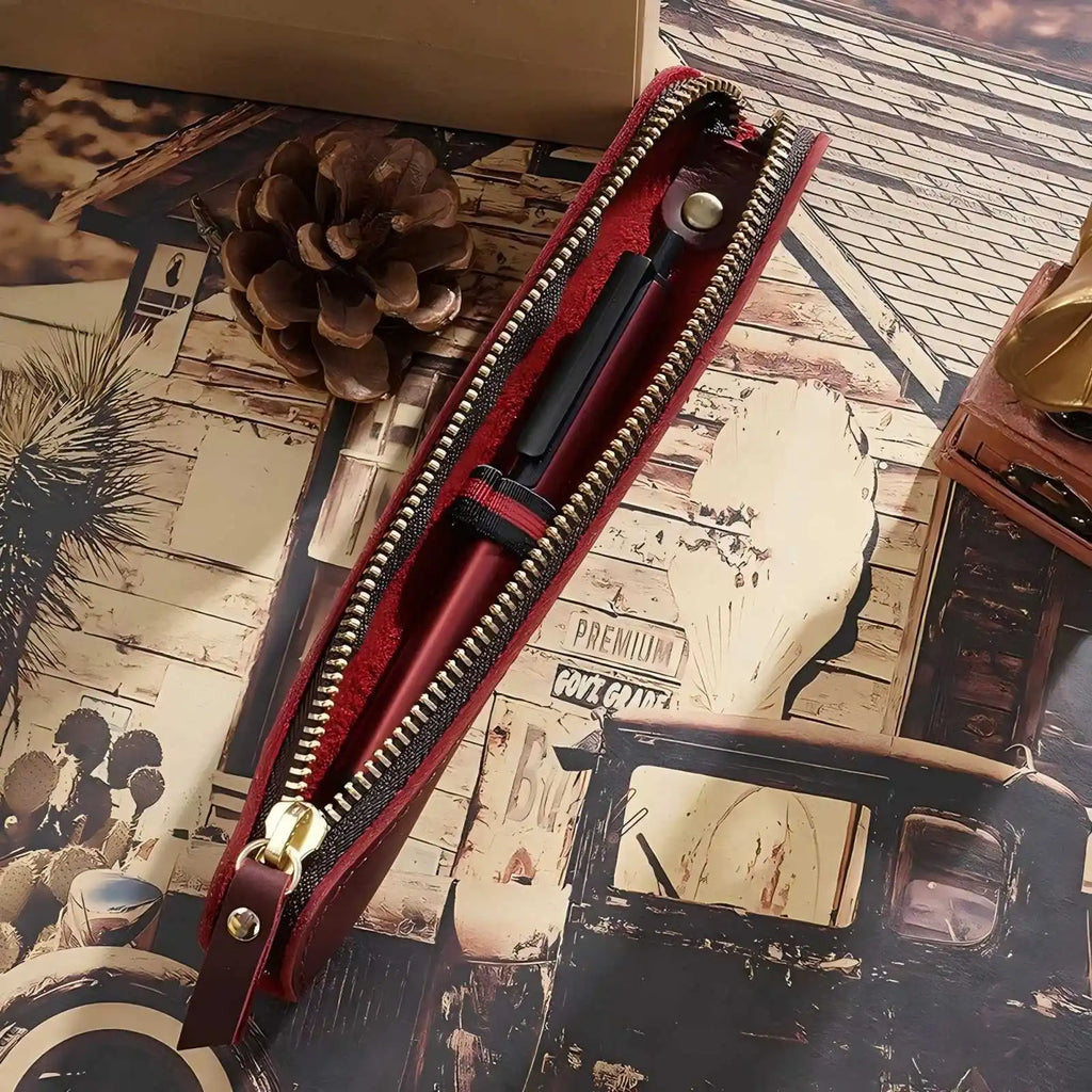 Vintage Leder Stifteetui aus Rindsleder mit Reißverschluss – Schlanke Pen Pouch für Schule, Büro & Notizbuch