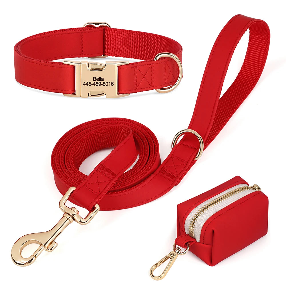 Personalisiertes PU-Leder Hundehalsband- & Leinen-Set mit Kotbeutelhalter – Farbiges Komfort-Set für Hunde & Möpse