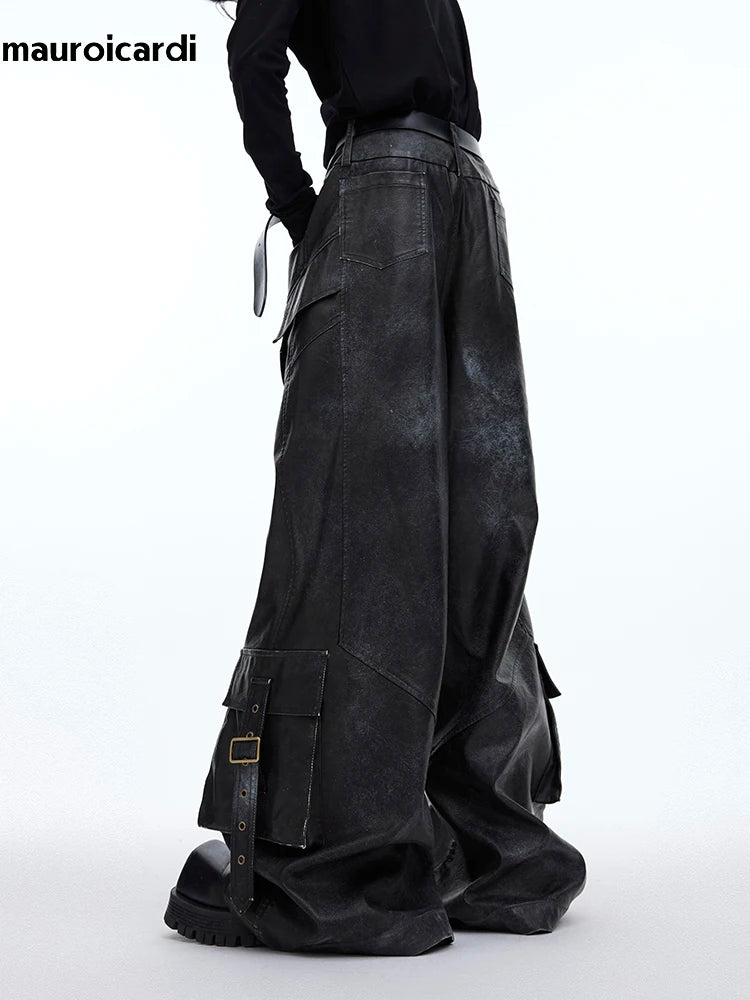 Herren PU Lederhose Wide Leg 2024 – Extra lange, locker geschnittene Vintage Kunstlederhose im Distressed Look für Frühling & Herbst