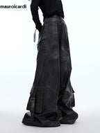 Herren PU Lederhose Wide Leg 2024 – Extra lange, locker geschnittene Vintage Kunstlederhose im Distressed Look für Frühling & Herbst