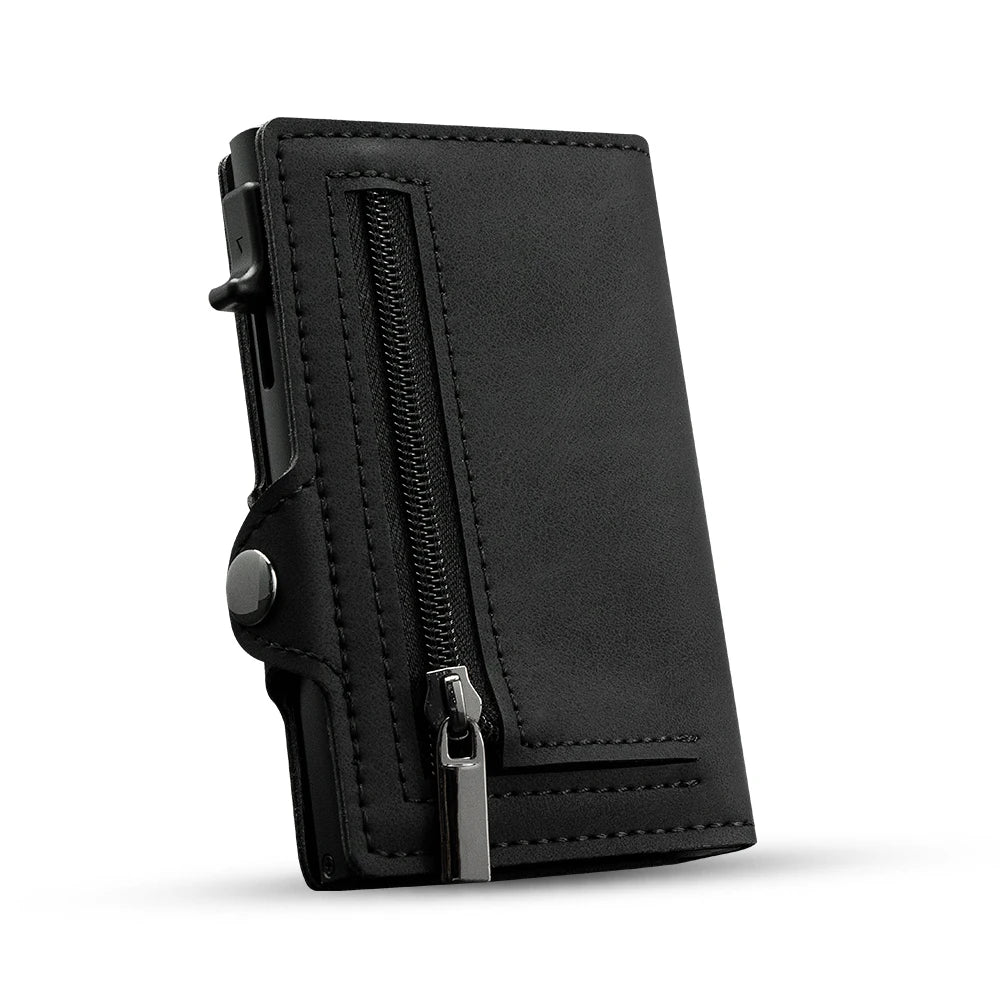 CASEKEY Smart Wallet Pink - Cartera de cuero minimalista y delgada con protección RFID, tarjeta emergente y correa de viaje