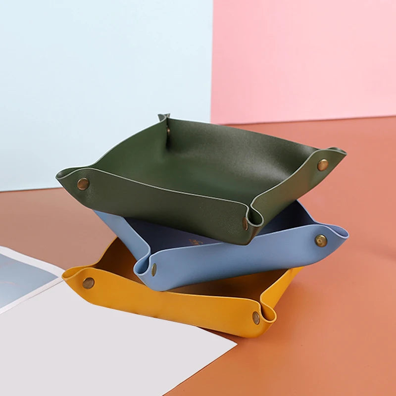Nordic Style PU-Leder Ablageschale – Faltbarer Desktop Organizer für Schlüssel, Schmuck & Kosmetik | Quadratische Aufbewahrungsbox