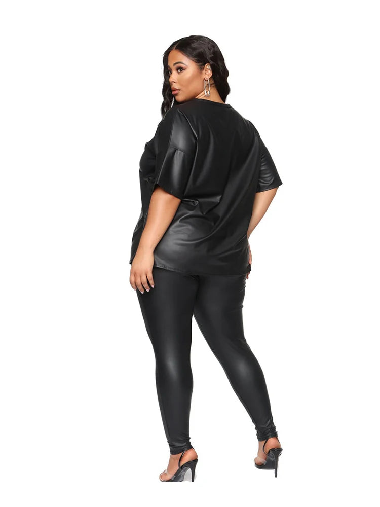 Damen Sommer PU-Leder 2-Teiler Set – Kurzarm Blusen-Top & Stretch Leggings in Schwarz, Plus Size Outfit für Alltag & Freizeit