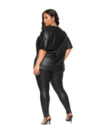 Damen Sommer PU-Leder 2-Teiler Set – Kurzarm Blusen-Top & Stretch Leggings in Schwarz, Plus Size Outfit für Alltag & Freizeit
