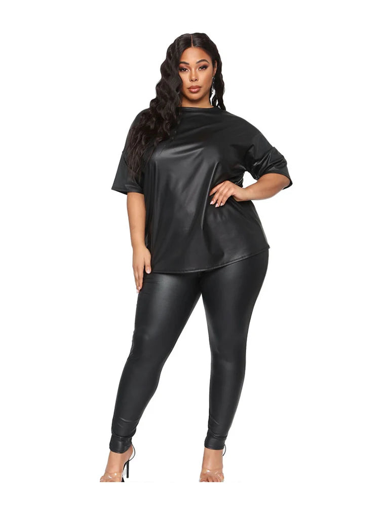Damen Sommer PU-Leder 2-Teiler Set – Kurzarm Blusen-Top & Stretch Leggings in Schwarz, Plus Size Outfit für Alltag & Freizeit