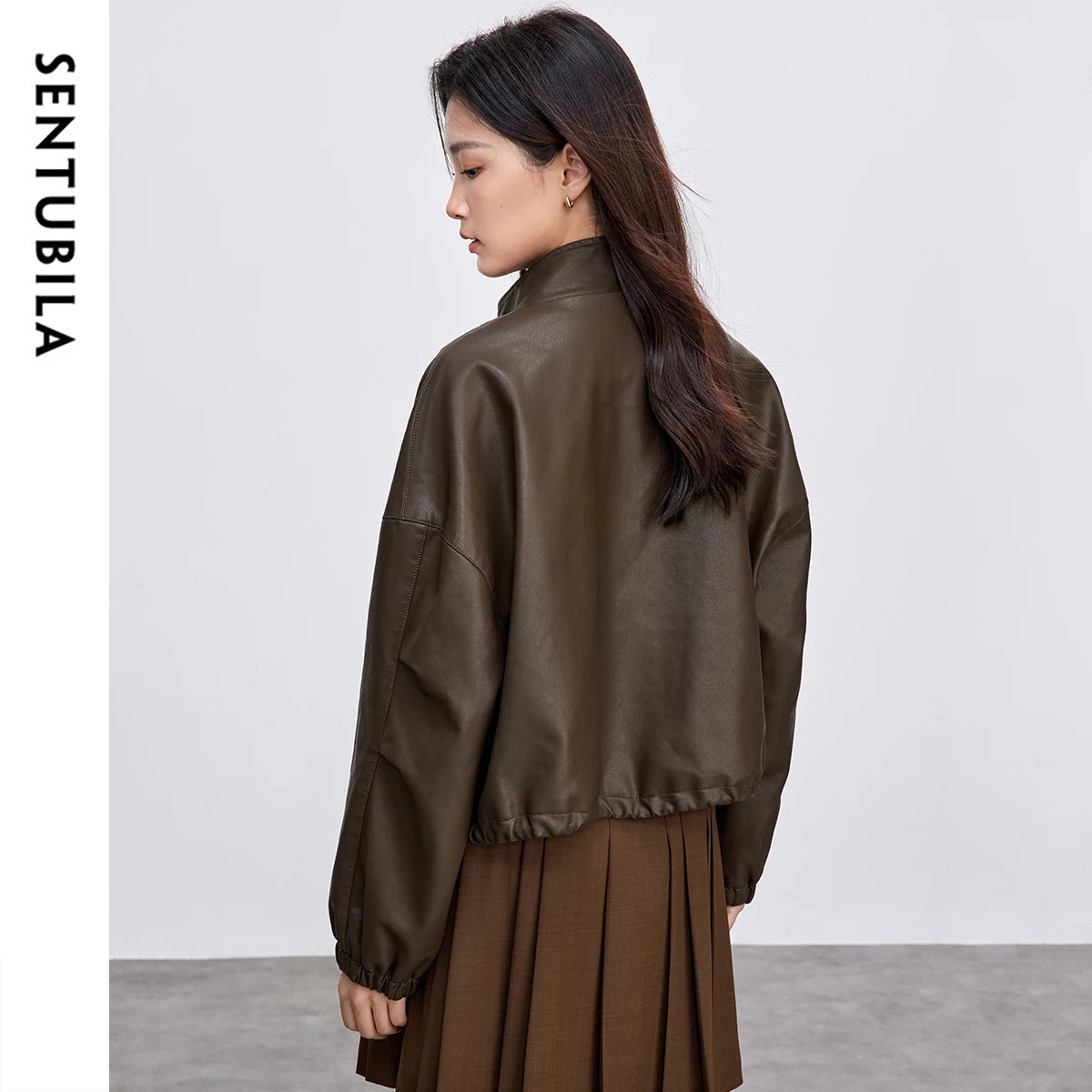 SENTUBILA Damen PU Lederjacke 2025 – Vintage Kurzjacke mit Stehkragen, lockere Kunstlederjacke mit Reißverschluss für Büro & Alltag