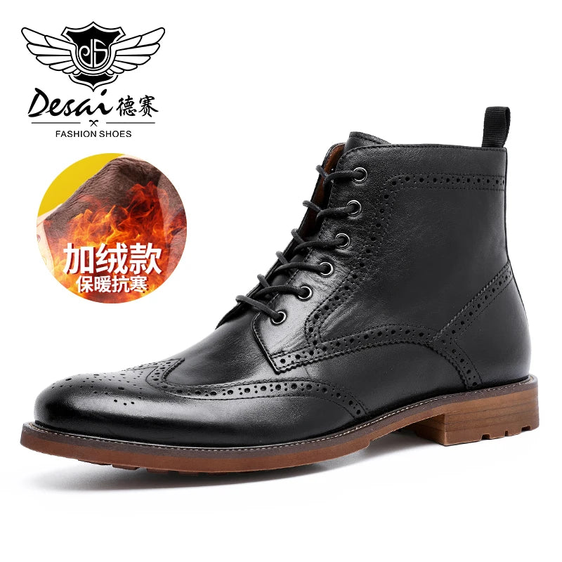 Desai Herren Brogue Lederstiefel – Fleecegefütterte Ankle Boots aus echtem Leder, modische Schnür- und Reißverschluss-Stiefel