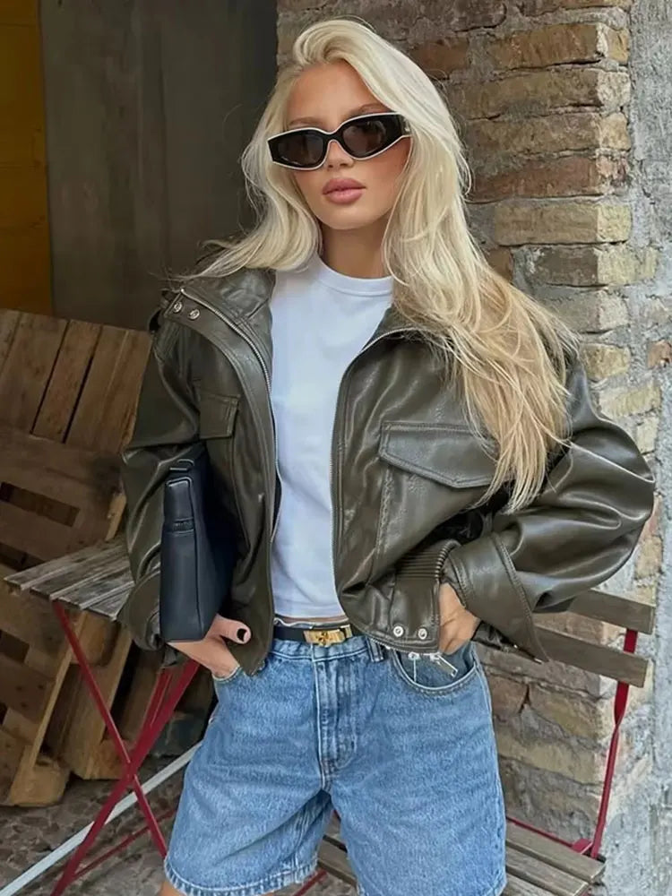 HH Damen Cropped Kunstleder Jacke – Vintage Bomberjacke mit Reißverschluss & Taschen, kurze Faux Leather Jacke für Herbst & Winter