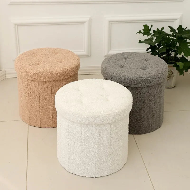 Kreativer runder Teddy-Stoff Hocker mit Stauraum – Weicher Bucket Ottoman & Schminkstuhl für Wohnzimmer & Schlafzimmer