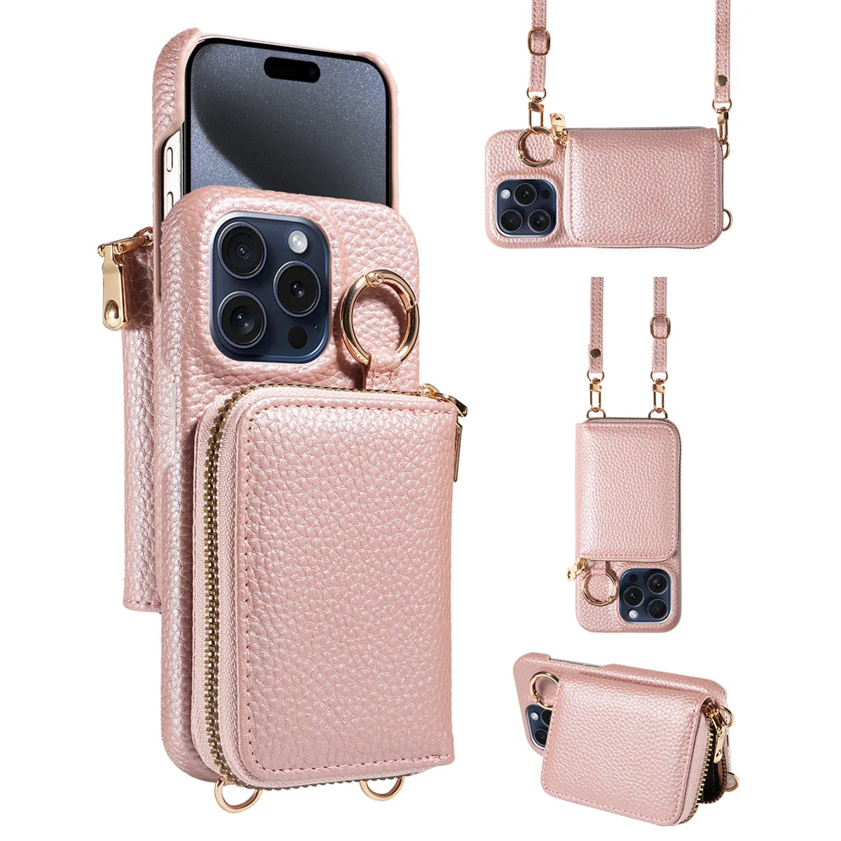 Hochwertige Faux-Leder Umhänge-Handyhülle für iPhone 16e 16 15 14 13 12 11 Pro Max – Crossbody Wallet mit Kartenfach, Stoßfest & Anti-Degaussing