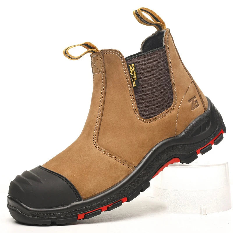 MJYTHF Herren Arbeitsschuhe 2024 – Echtleder Sicherheitsstiefel mit Stahlkappe, Anti-Pierce, Anti-Hitzeschutz, Chelsea Boots für Männer
