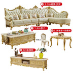 Europäisches Leder Ecksofa im französischen Stil – Massivholz Wohnzimmersofa in Champagner-Gold, L-Form Kombination