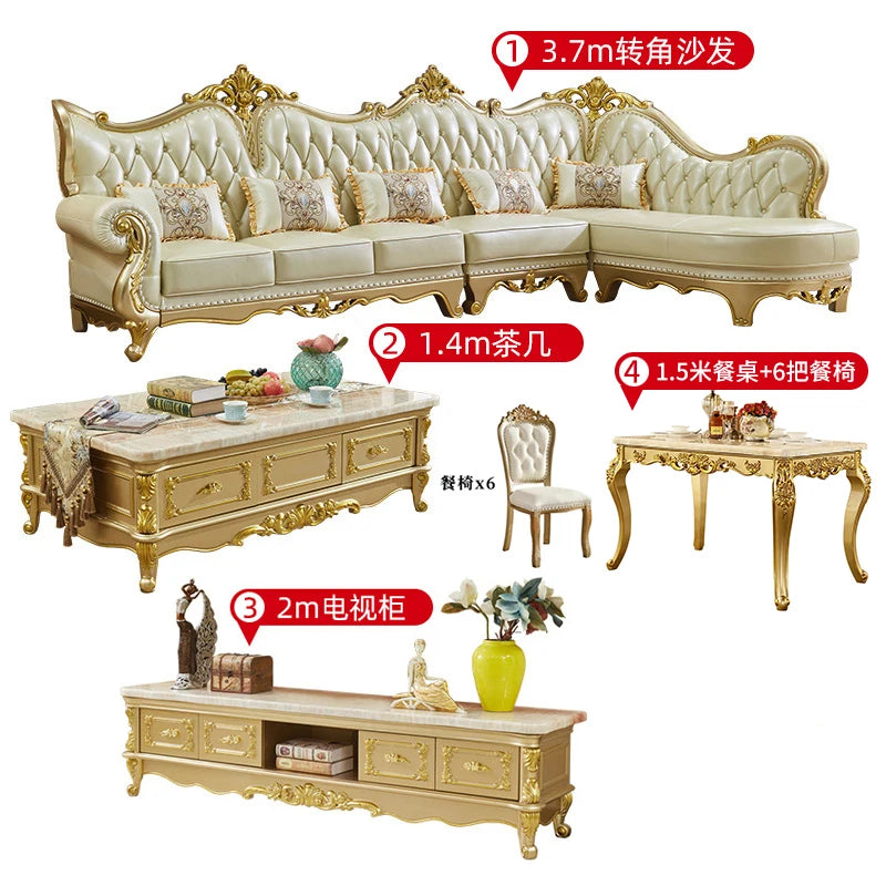 Europäisches Leder Ecksofa im französischen Stil – Massivholz Wohnzimmersofa in Champagner-Gold, L-Form Kombination