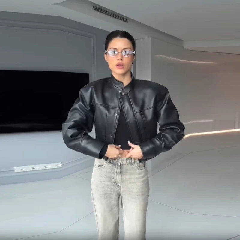 Damen Slim Fit PU Lederjacke – Klassische Biker & Bomber Kunstlederjacke mit Reißverschluss, elegante Übergangsjacke für Frühling & Herbst