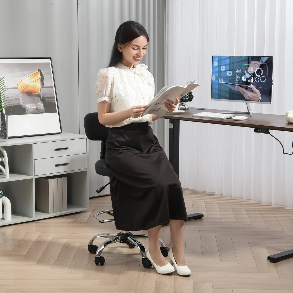 Ergonomischer Zeichenstuhl ohne Armlehnen – Höhenverstellbarer Drehstuhl aus Kunstleder mit Fußstütze für Büro & Wohnzimmer (Schwarz)