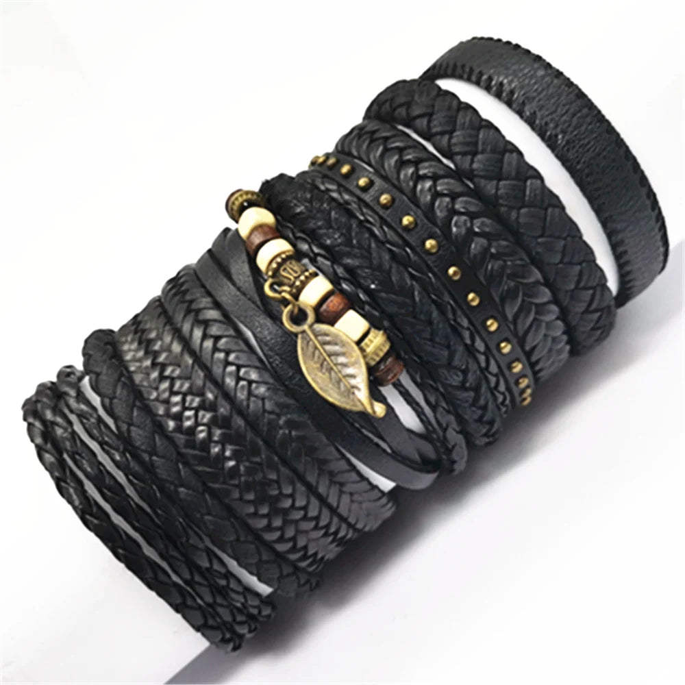 10er Set Lederarmbänder Unisex – Handgefertigte schwarze Wickelarmbänder im Casual & Sporty Style, größenverstellbar