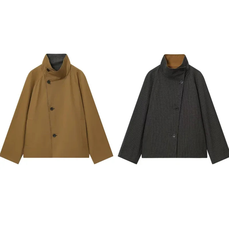 Chaqueta de cuero sintética reversible para mujer con lana de lana – Chaqueta estilo streetwear con chaqueta reversible y botones para hierbas e invierno 